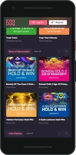 500Casino slots lobby on a phone, United Kingdom